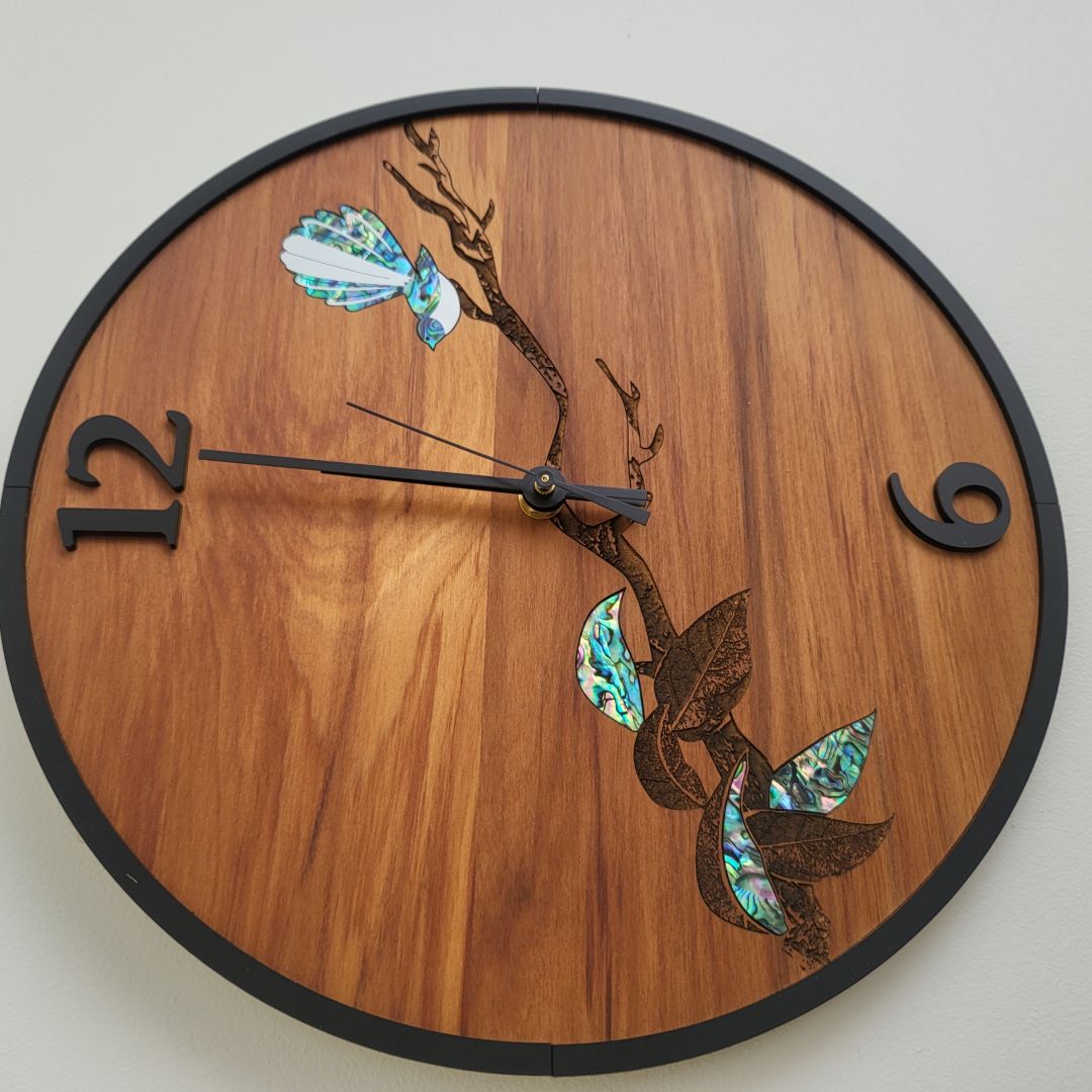 New Zealand Made Clock -Rimu &amp; Paua Fantail