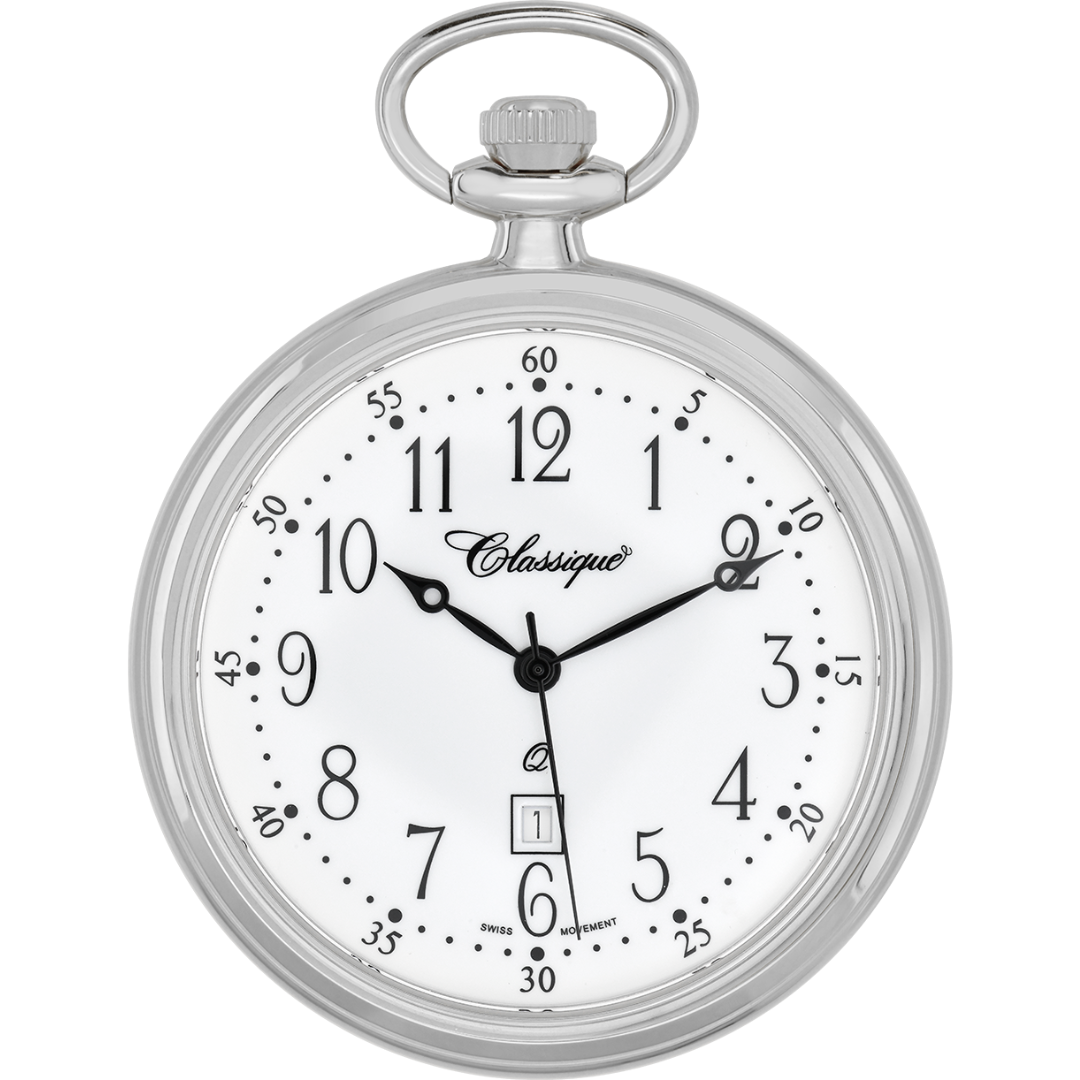Rhodium Plated Open Dial Pocket Watch