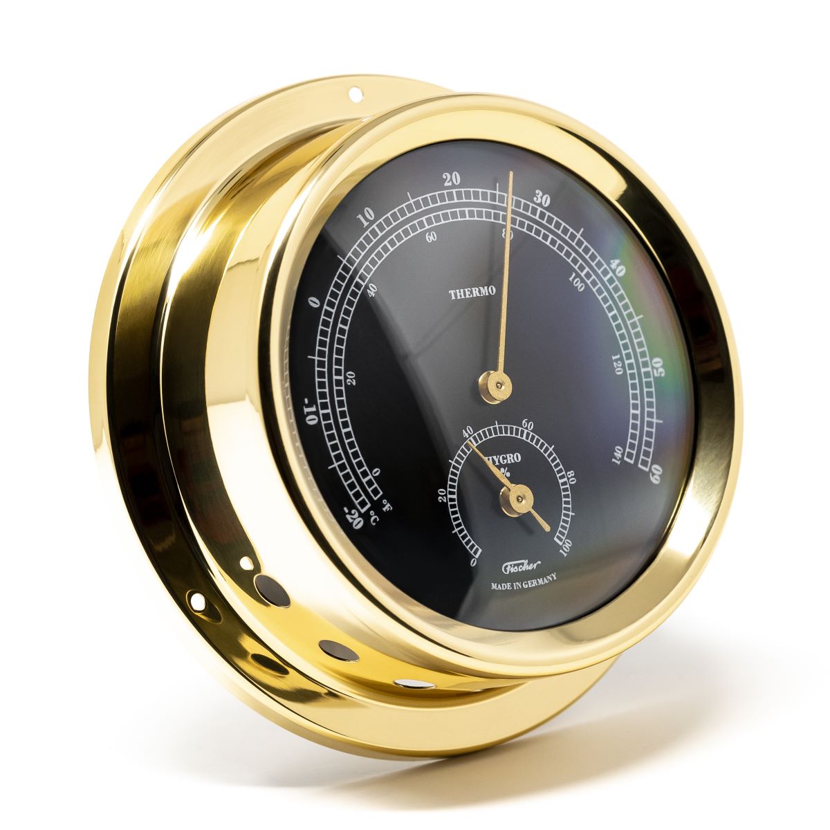 Polished Brass &amp; Black Dial 125mm  Thermometer &amp; Hygrometer