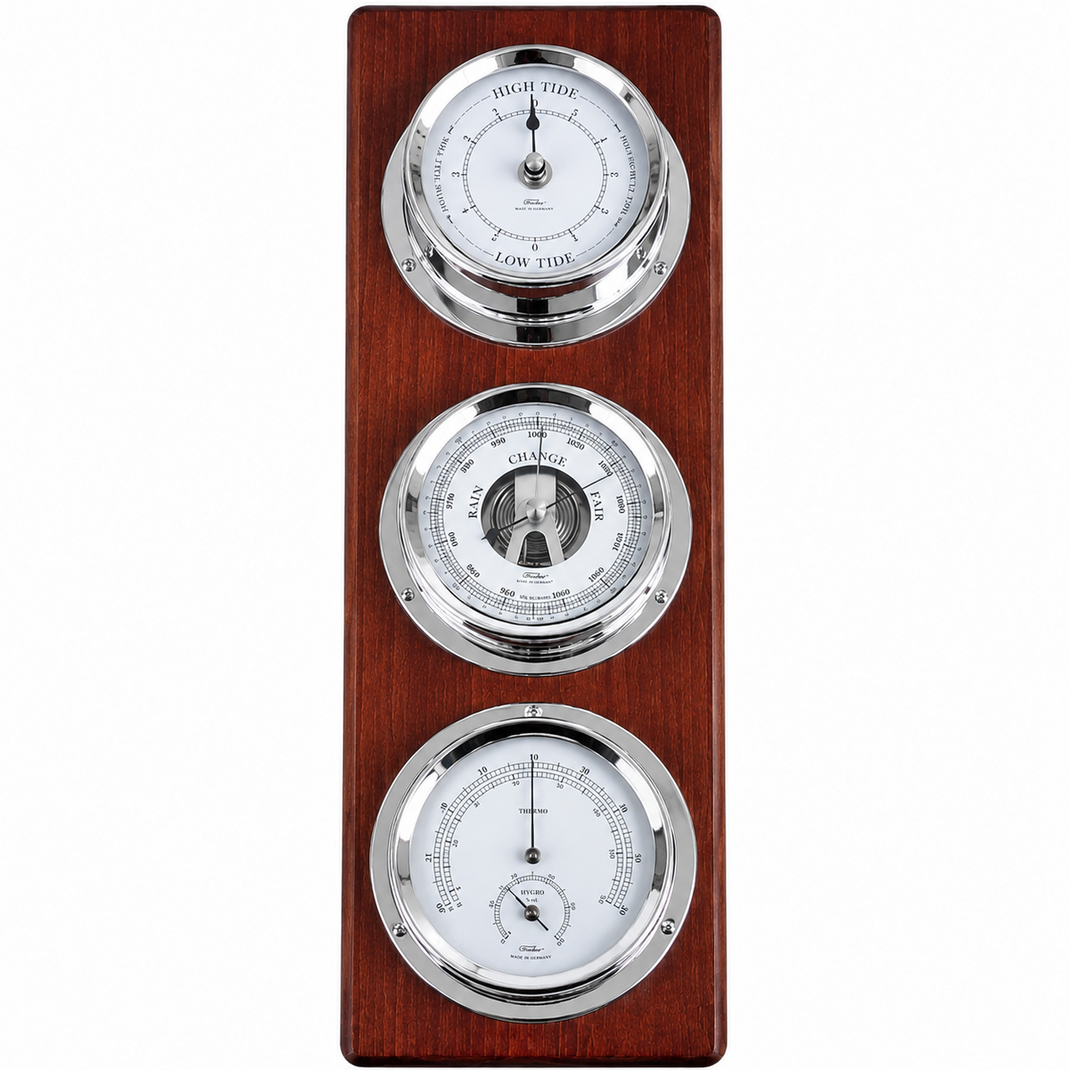 Mahogany & Chrome Weatherstation – Complete Set: Hygrometer, Barometer, Thermometer & Tide Clock