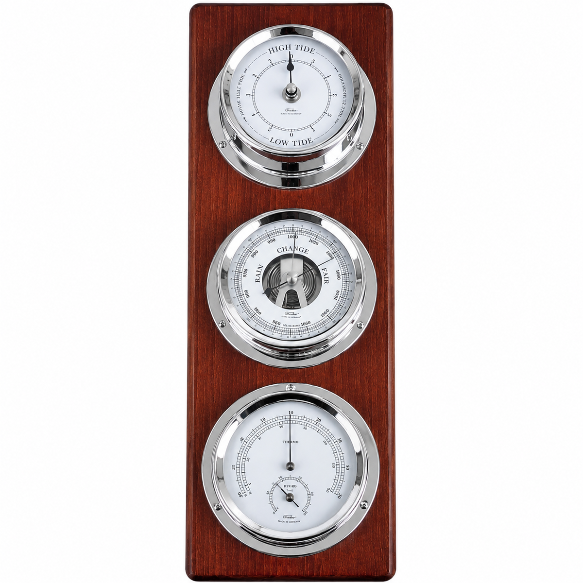Mahogany & Chrome Weatherstation – Complete Set: Hygrometer, Barometer, Thermometer & Tide Clock