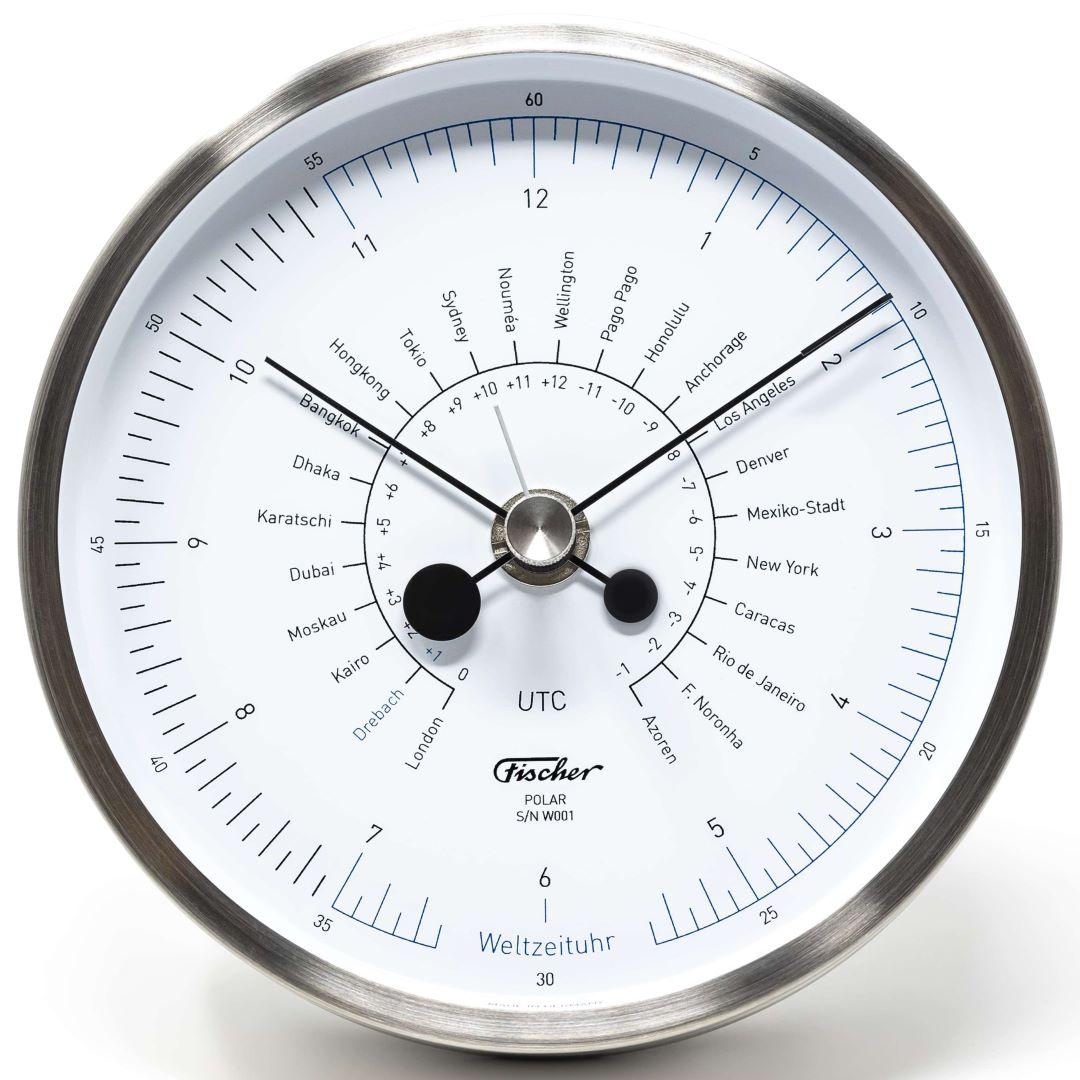 Designer Polar Brushed Stainless World Time Clock