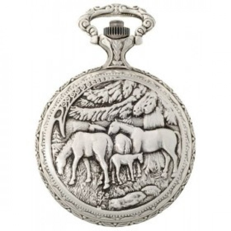 Horses 48mm  Antique Pewter Swiss Quartz Pocket Watches