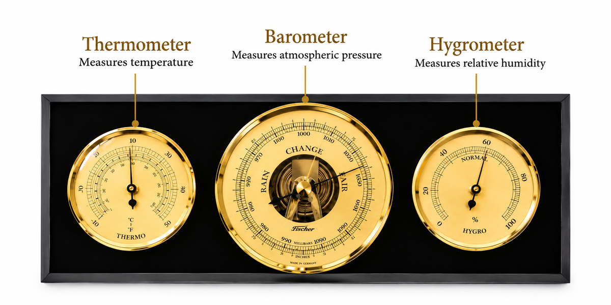 Modern Ebony & Brass Weatherstation 3 in 1 - Hygrometer + Barometer + Thermometer-9103-06