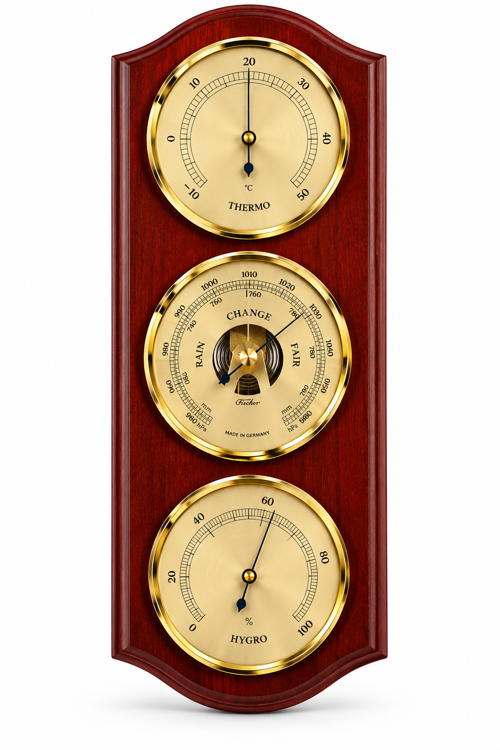 Mahogany & Brass Weatherstation-3 in 1 - Hygrometer + Barometer + Thermometer-9176-22