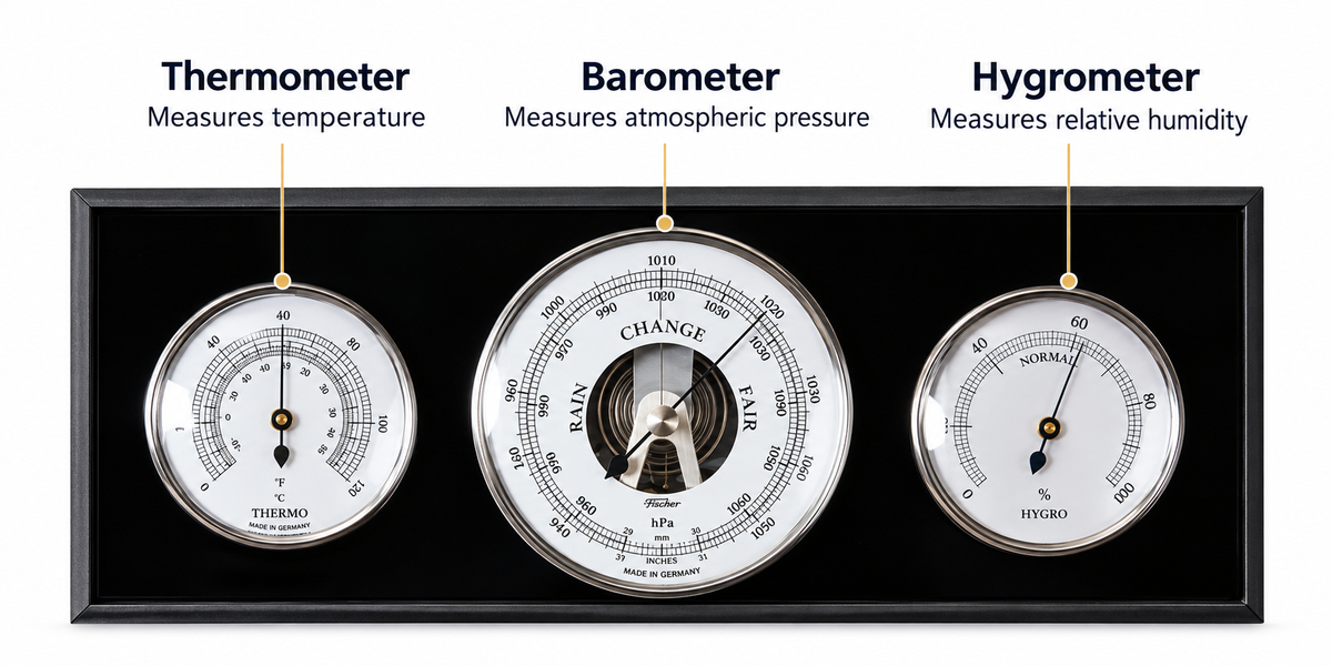 Modern Ebony & Chrome Weatherstation 3 in 1 - Hygrometer + Barometer + Thermometer