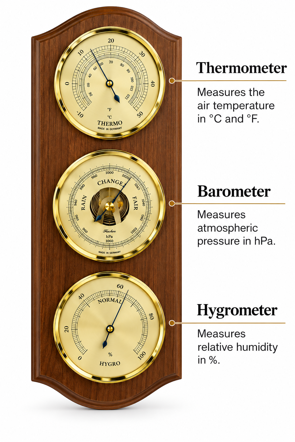 Rustic Oak & Brass Weatherstation-3 in 1 - Hygrometer + Barometer + Thermometer-9176-31