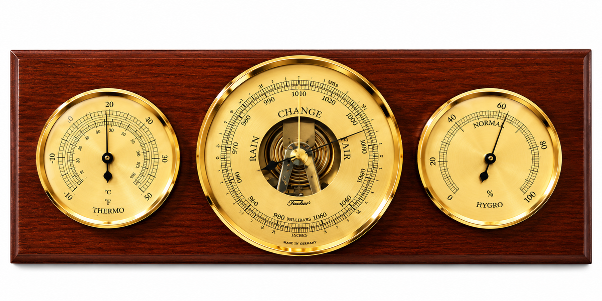 Modern Mahogany & Brass Weatherstation 3 in 1 - Hygrometer + Barometer + Thermometer-9103-22