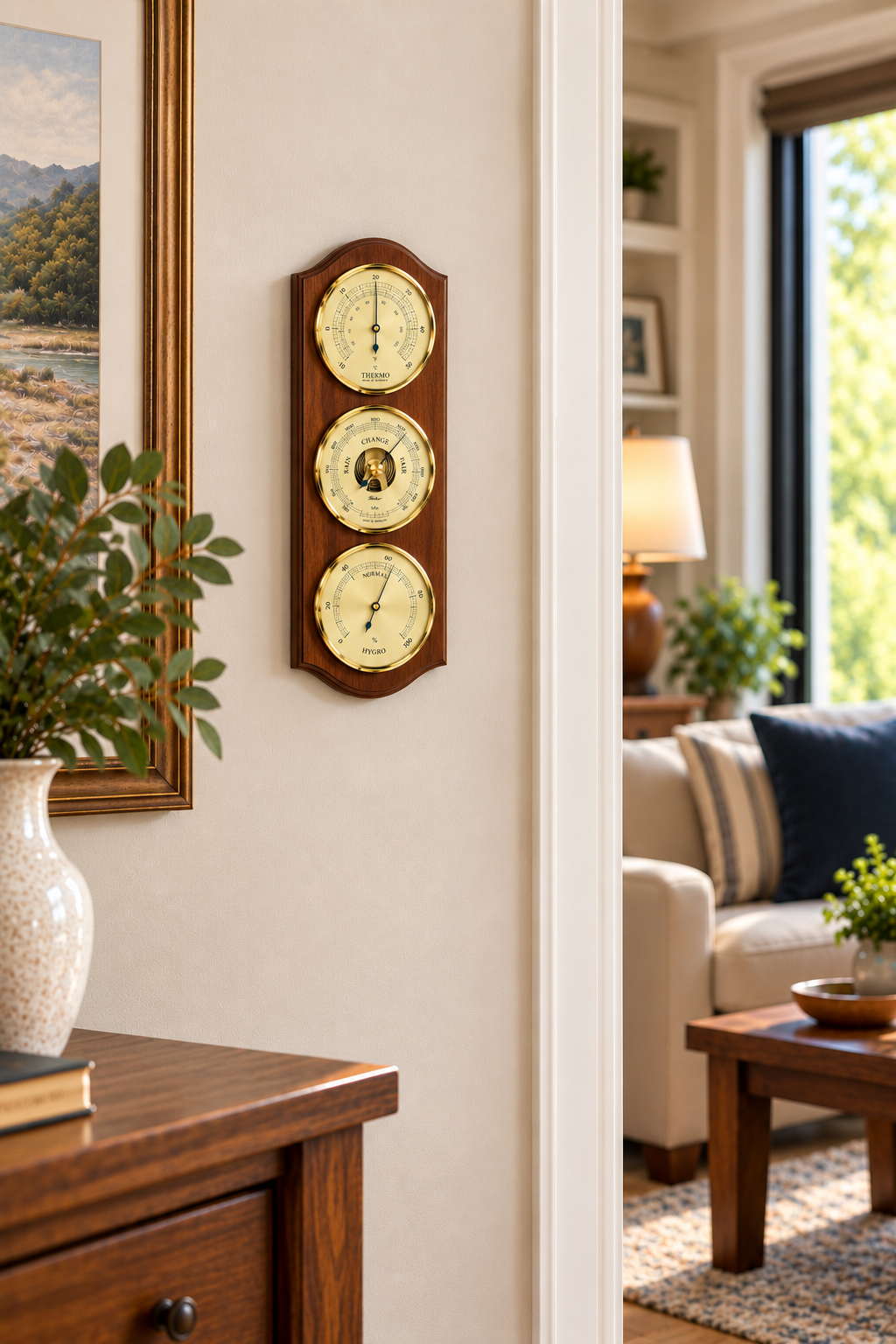Walnut & Brass Weatherstation-3 in 1 - Hygrometer + Barometer + Thermometer