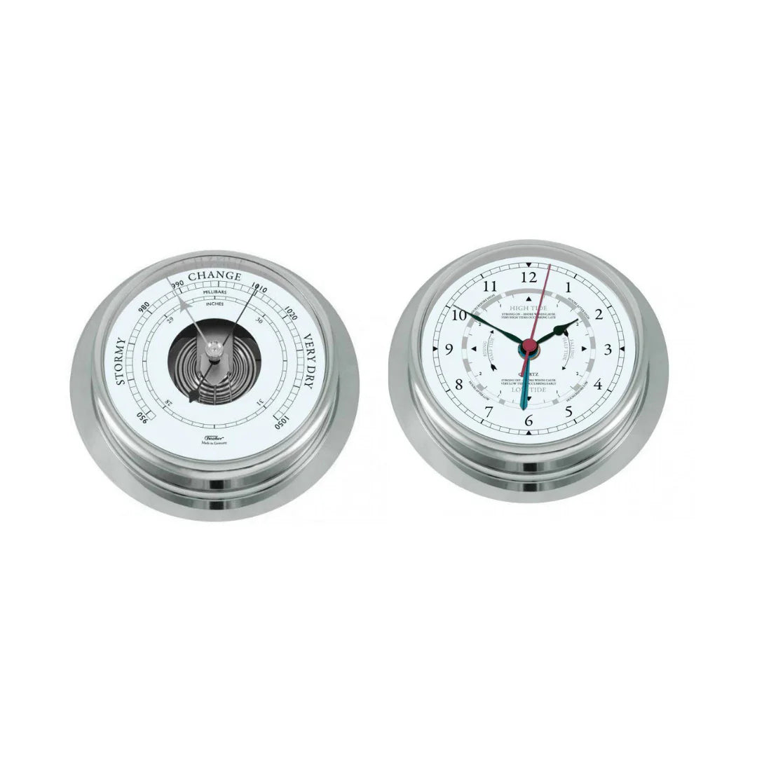Large Polished Chrome 200mm Barometer & Tide Clock Combo