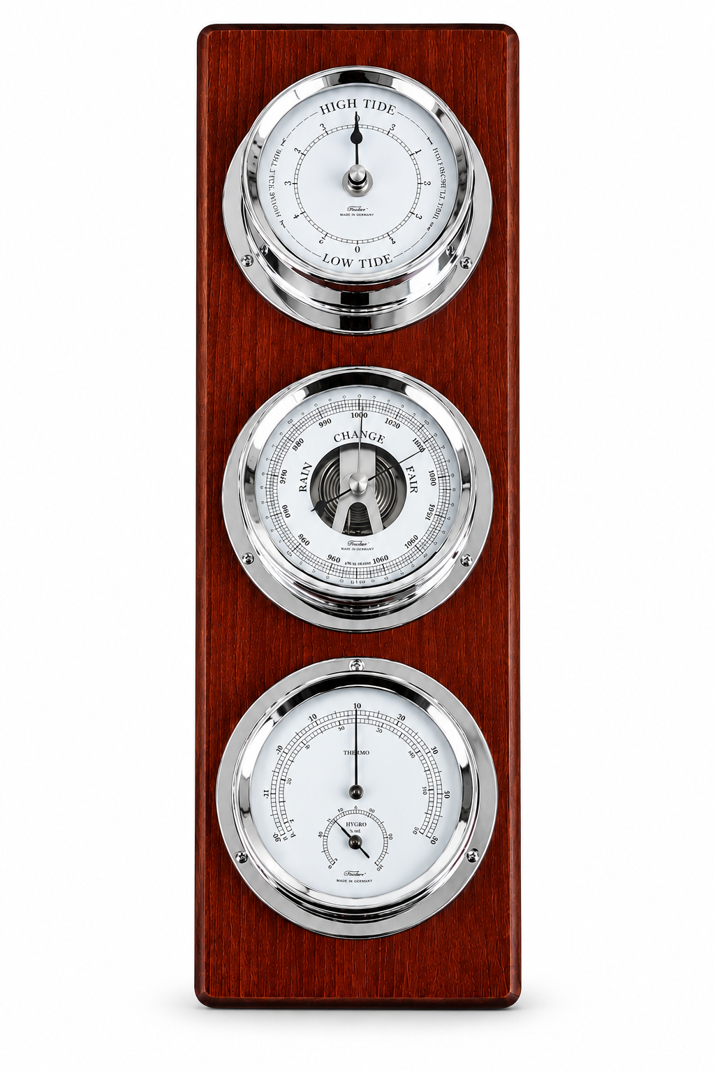 Mahogany & Chrome Weatherstation – Complete Set: Hygrometer, Barometer, Thermometer & Tide Clock