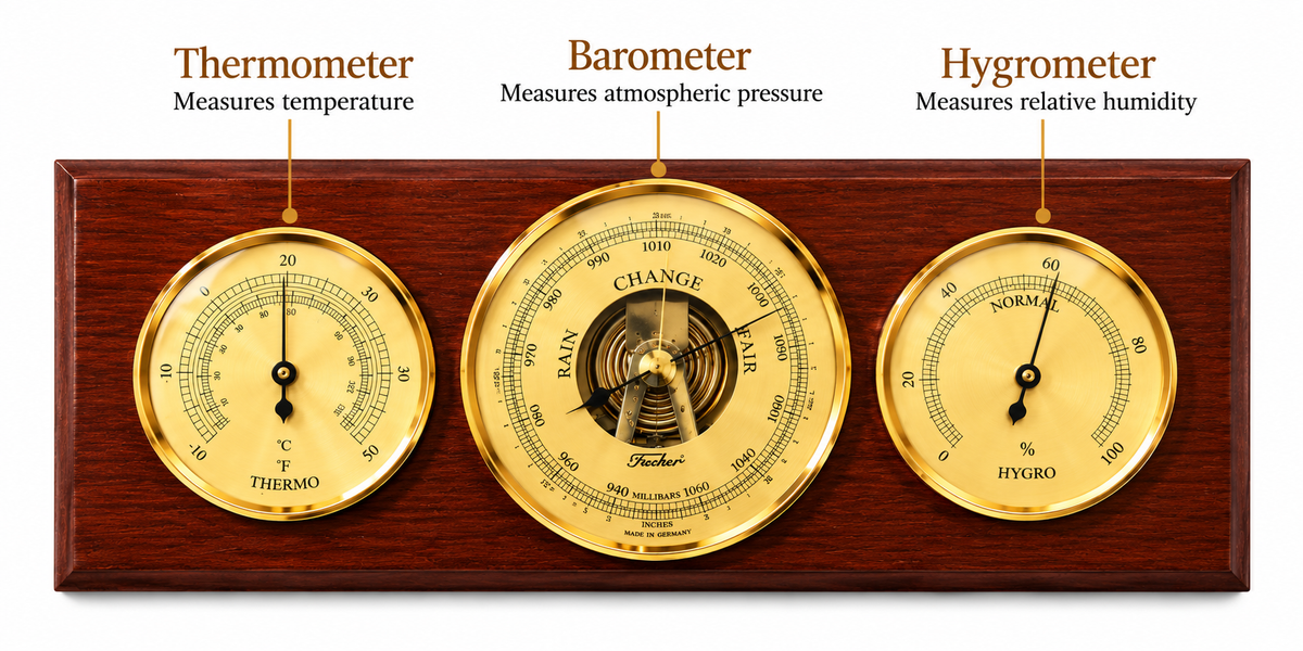 Modern Mahogany & Brass Weatherstation 3 in 1 - Hygrometer + Barometer + Thermometer-9103-22