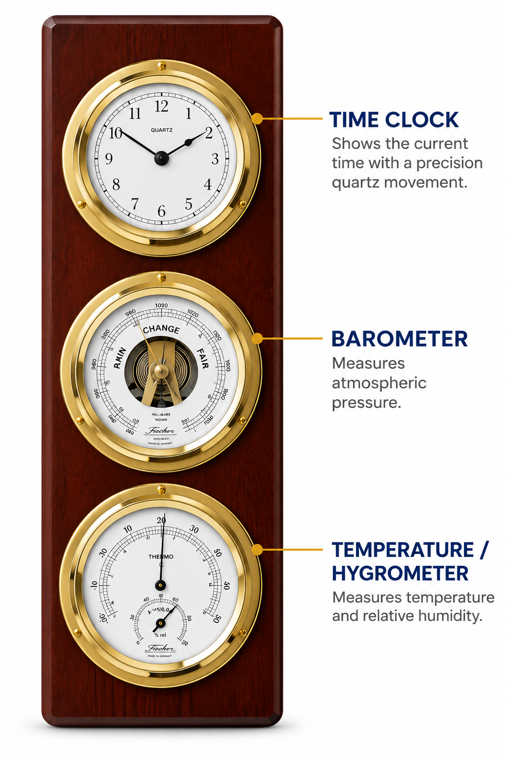 Mahogany & Brass Weatherstation –  Hygrometer, Barometer, Thermometer & Quartz  Clock-1538-22