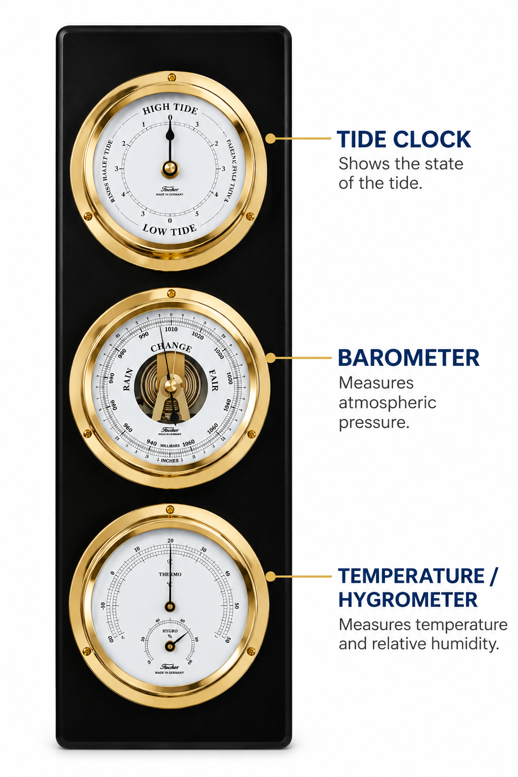Ebony & Brass Weatherstation – Complete Set: Barometer + Hygrometer  + Thermometer + Tide Clock-1538td06-45