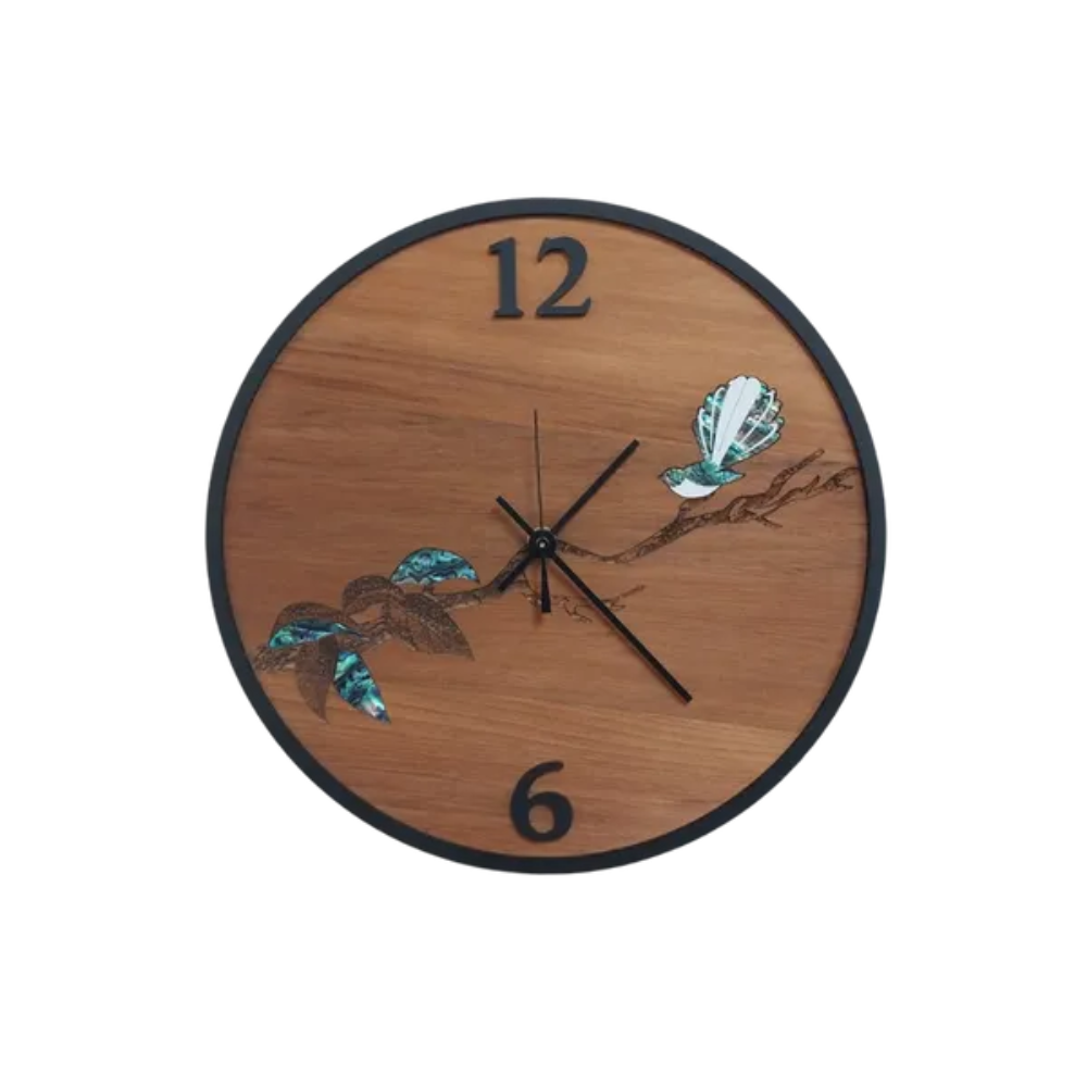 New Zealand Made Clock -Rimu &amp; Paua Fantail
