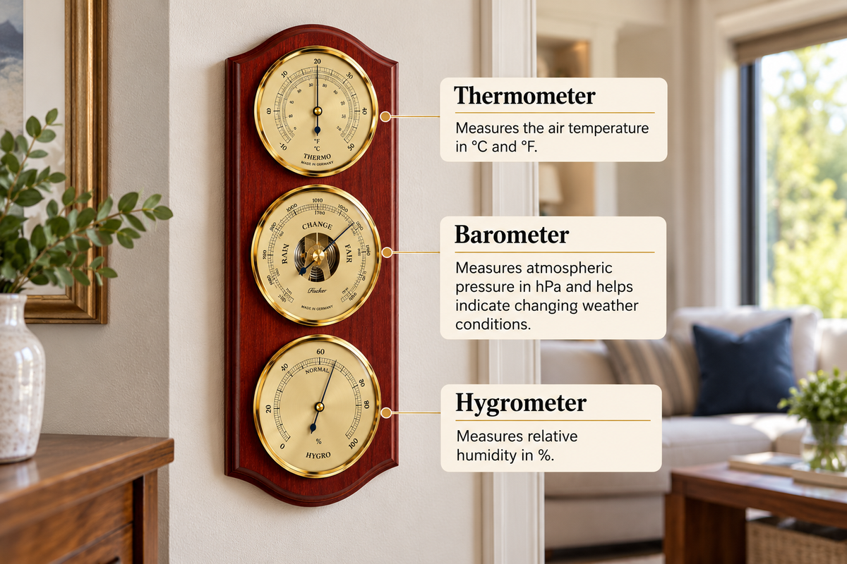 Walnut & Brass Weatherstation-3 in 1 - Hygrometer + Barometer + Thermometer
