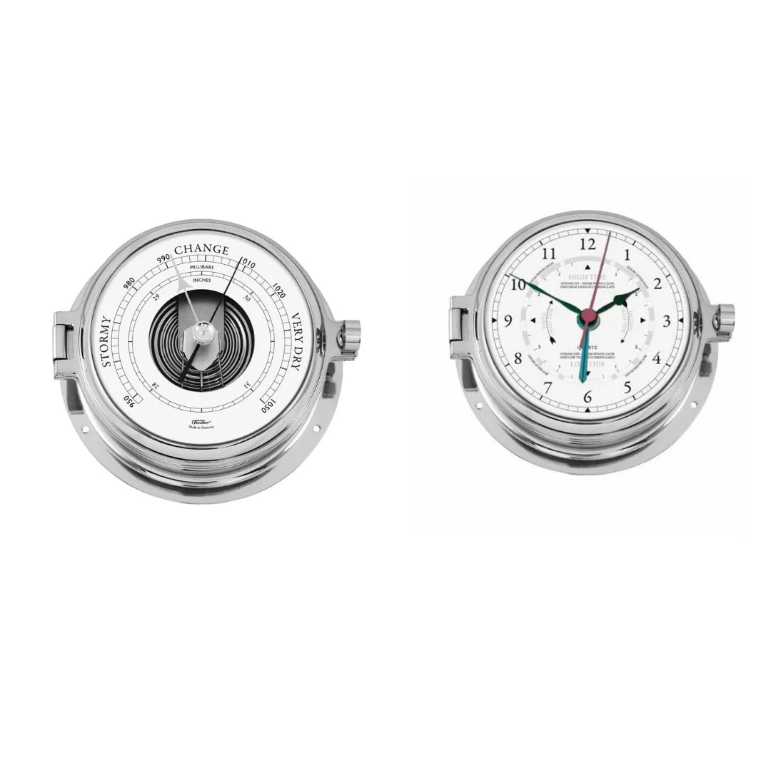 Polished Chrome Marine Tide Clock & Barometer Combo – Sleek & Functional