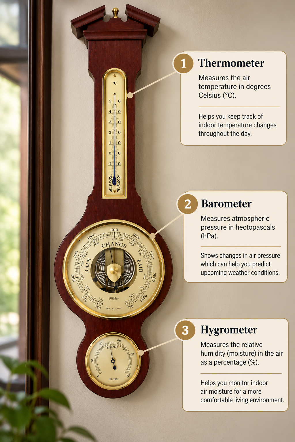 Traditional  Banjo Walnut 540 mm Weatherstation -3 in 1 - Hygrometer + Barometer + Thermometer-6699-12