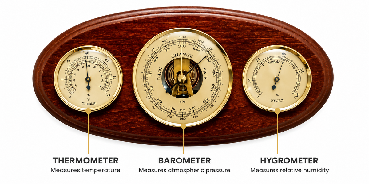 Oval Mahogany Weatherstation  -3 in 1 - Hygrometer + Barometer + Thermometer