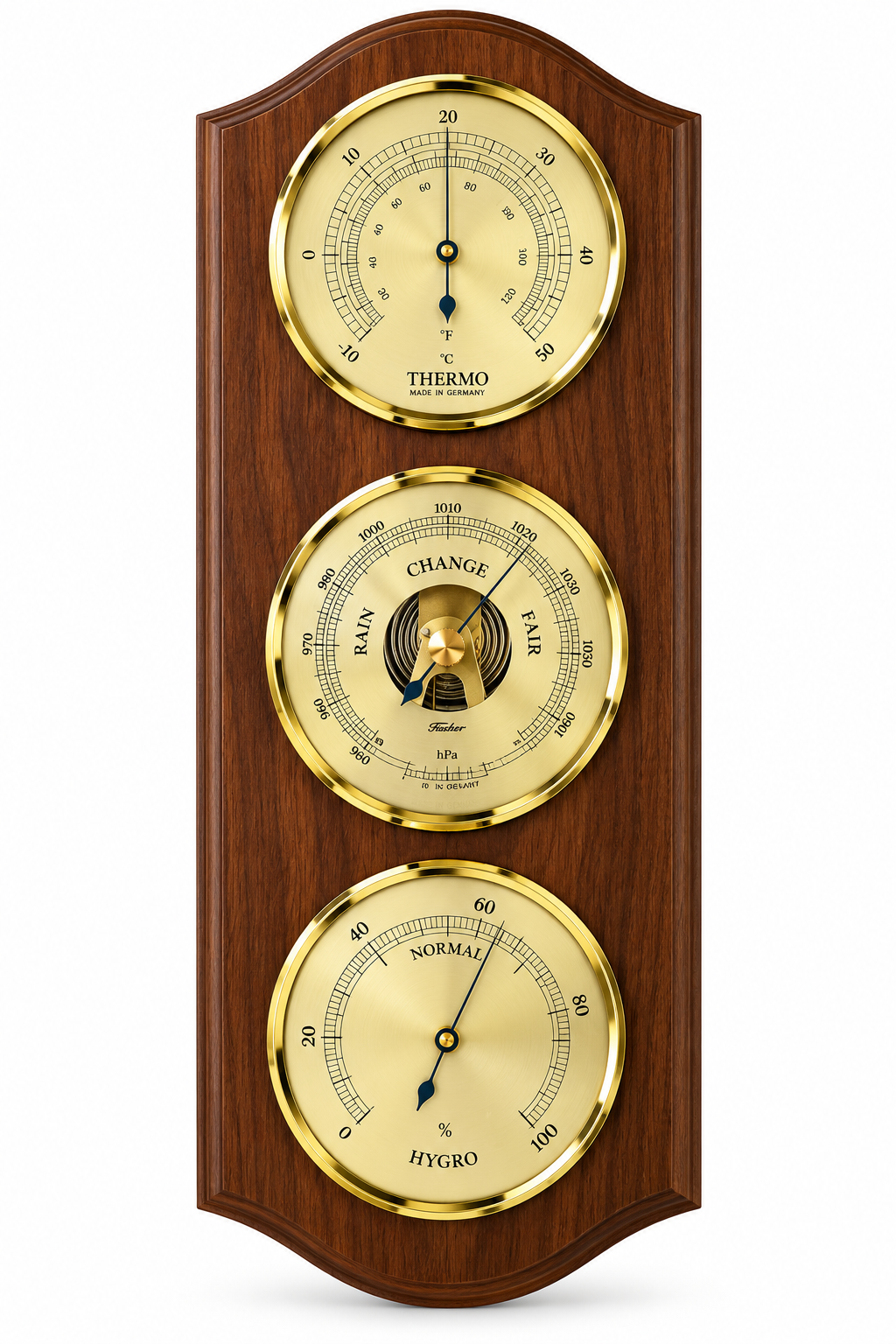 Walnut & Brass Weatherstation-3 in 1 - Hygrometer + Barometer + Thermometer