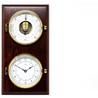 Impressive Pot hole Brass Barometer &amp; Clock on Mahogany Base