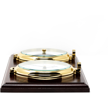 Impressive Pot hole Brass Barometer &amp; Clock on Mahogany Base