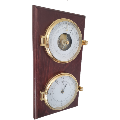 Impressive Pot hole Brass Barometer &amp; Clock on Mahogany Base