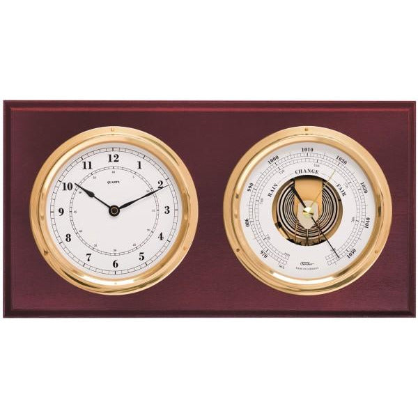 Mahogany &amp; Brass Barometer &amp; Clock Combination