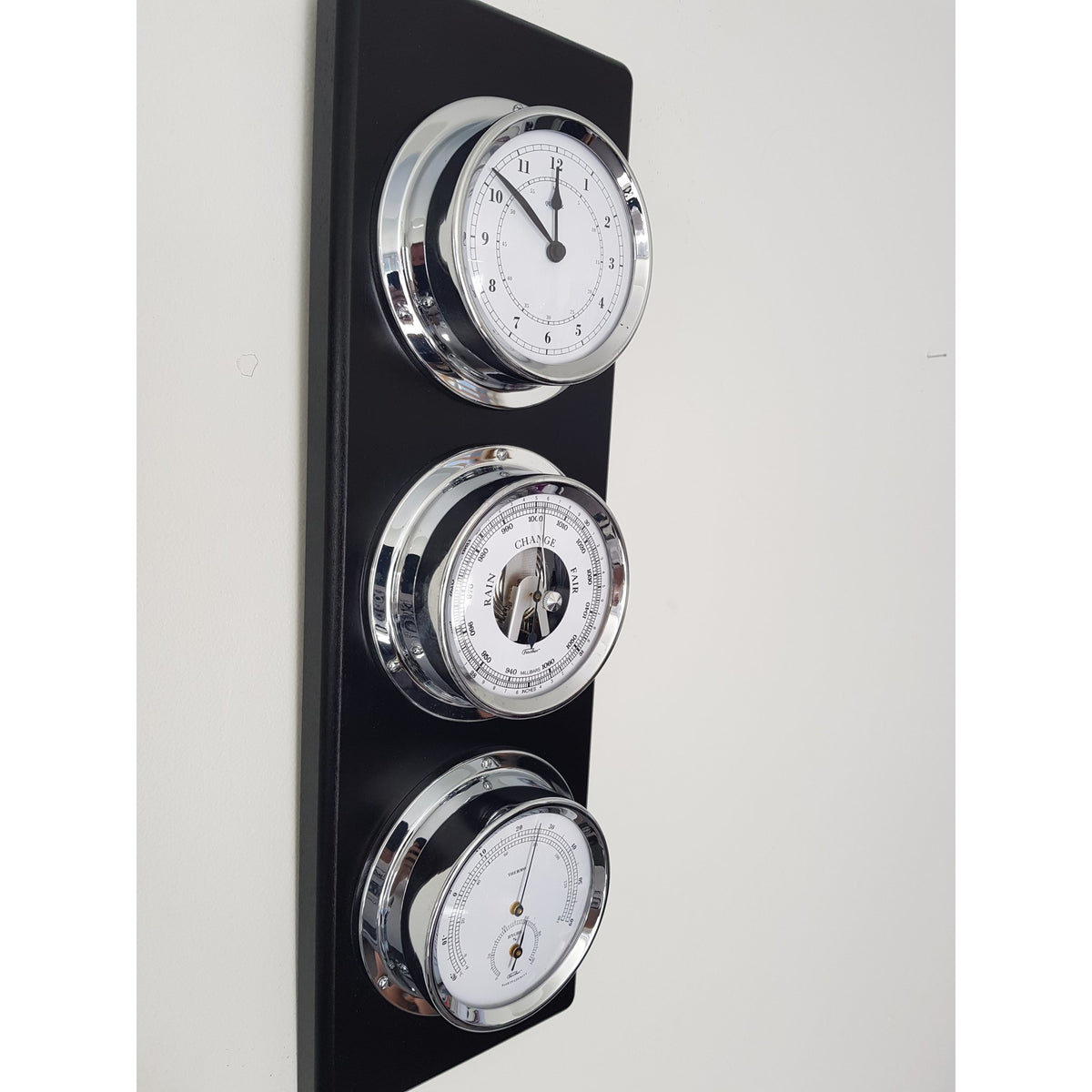 Contemporary Ebony &amp; Chrome Weatherstation – Complete Set: Hygrometer, Barometer, Thermometer &amp; Quartz Clock