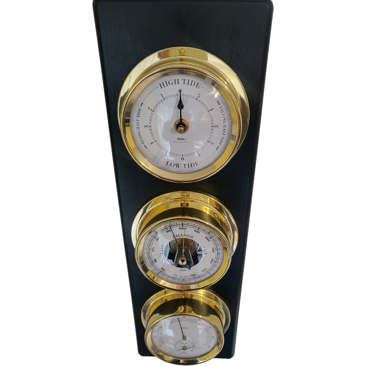 Contemporary Ebony &amp; Brass Weatherstation – Complete Set: Barometer + Hygrometer  + Thermometer + Tide Clock