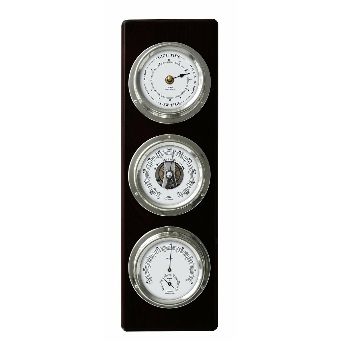 Contemporary Ebony &amp; Chrome Weatherstation – Complete Set: Hygrometer, Barometer, Thermometer &amp; Tide Clock