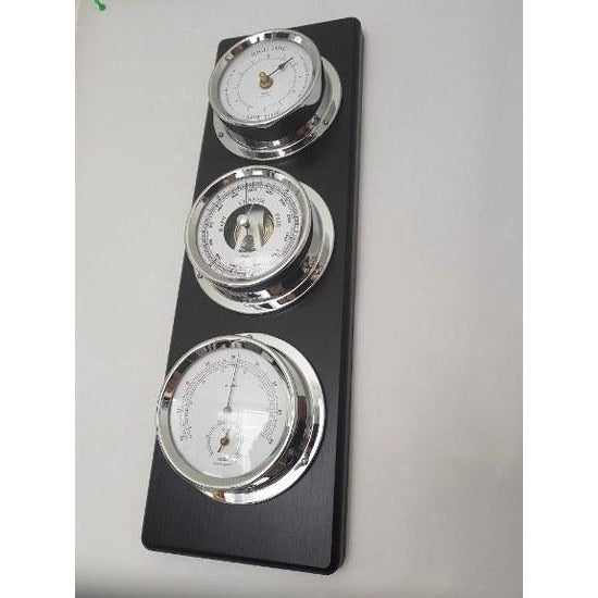 Contemporary Ebony &amp; Chrome Weatherstation – Complete Set: Hygrometer, Barometer, Thermometer &amp; Tide Clock
