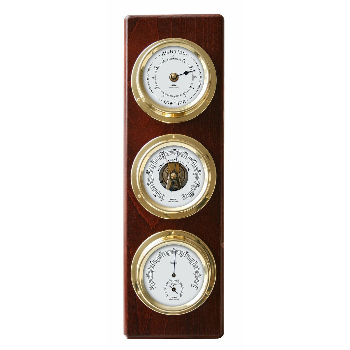 Contemporary Mahogany &amp; Brass Weatherstation – Complete Set: Hygrometer, Barometer, Thermometer &amp; Tide Clock