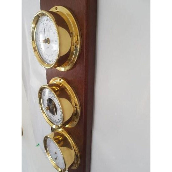 Contemporary Mahogany &amp; Brass Weatherstation – Complete Set: Hygrometer, Barometer, Thermometer &amp; Tide Clock