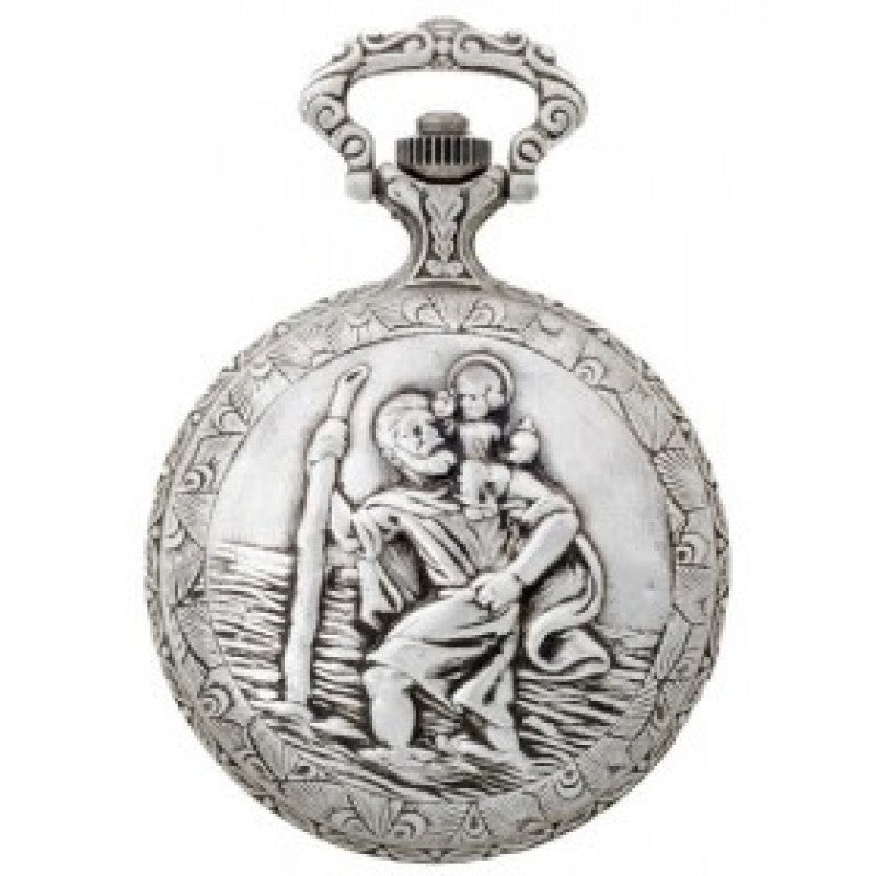 St Christopher  Antique Pewter Swiss Quartz  Pocket Watch