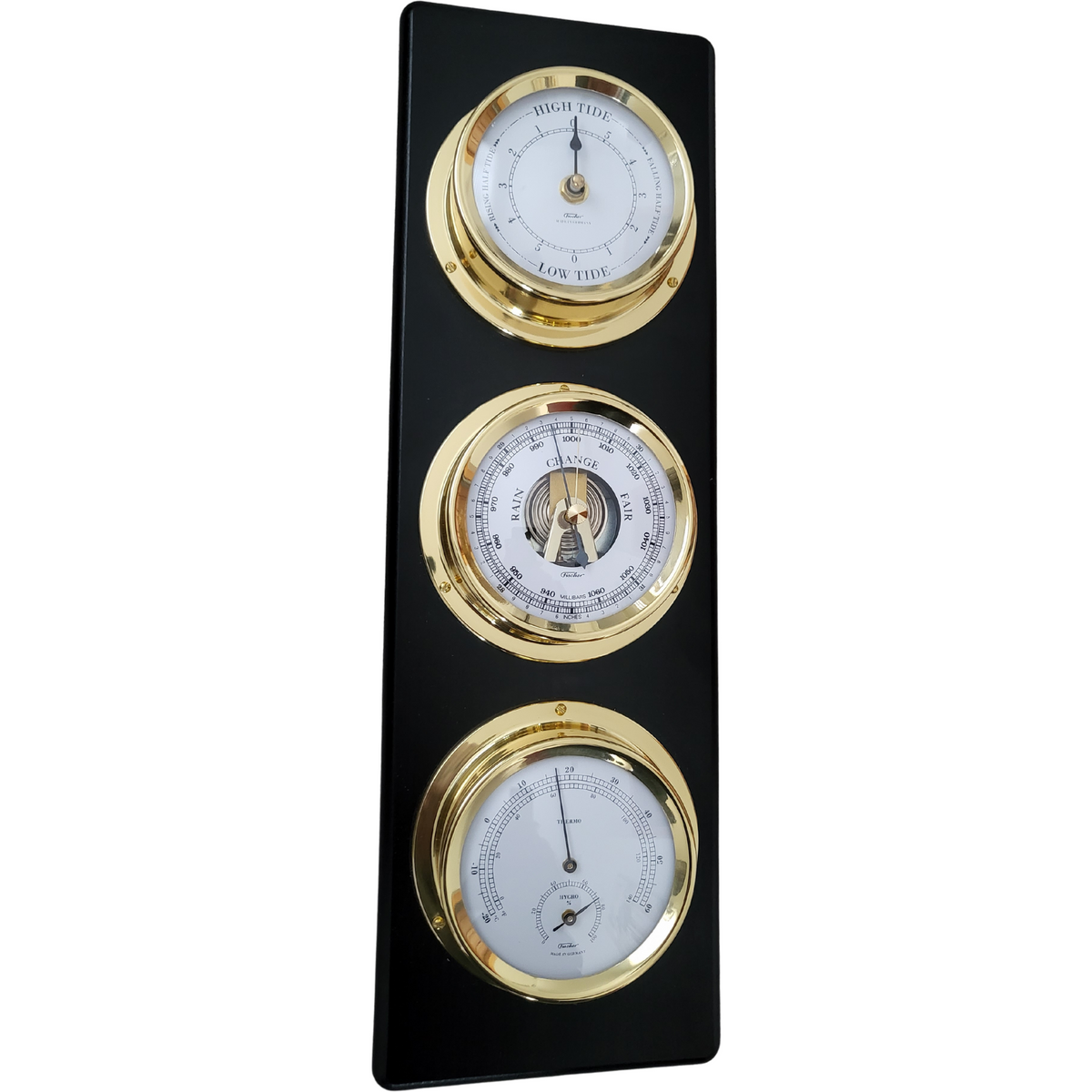 Contemporary Ebony &amp; Brass Weatherstation – Complete Set: Barometer + Hygrometer  + Thermometer + Tide Clock