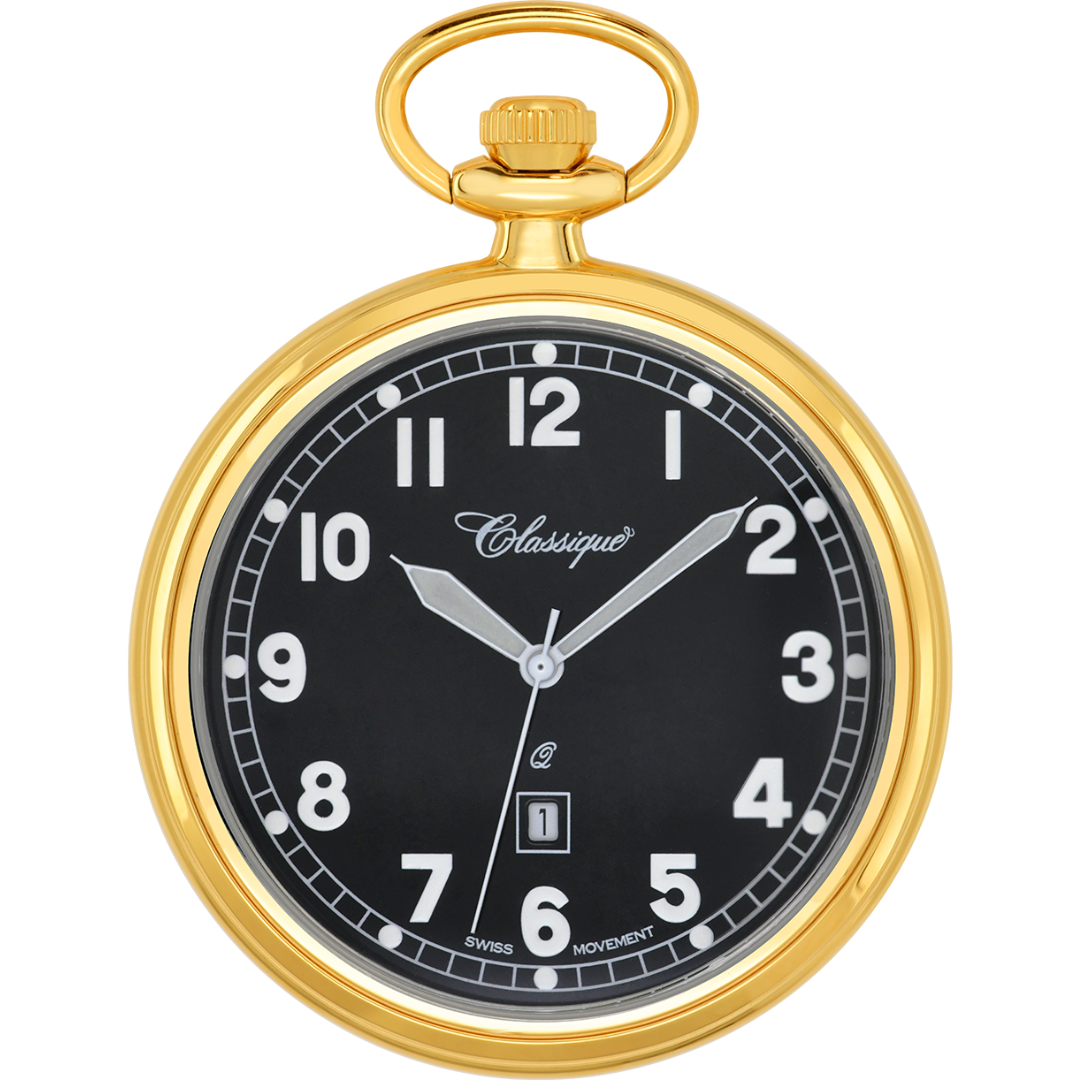Gold Plated Open Black Dial Pocket Watch