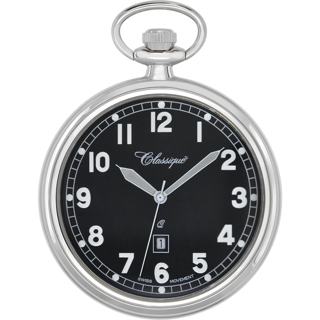 Brushed Rhodium Black Dail Plated Pocket Watch