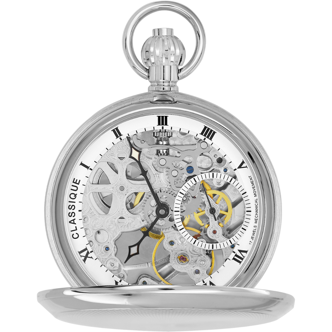 Stainless Skeleton  Mechanical Pocket Watch