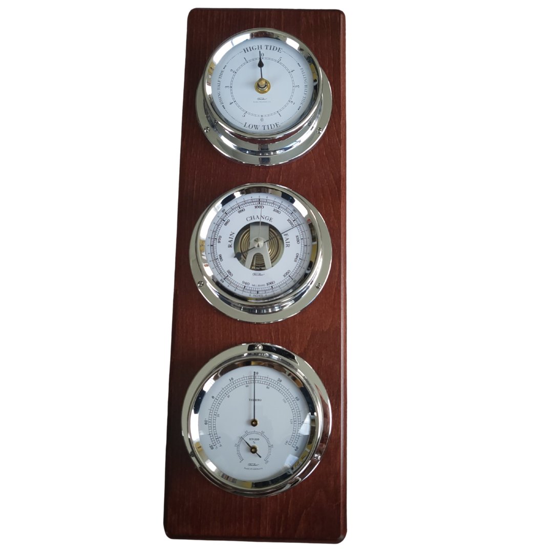 Modern  Mahogany &amp; Chrome  Weatherstation with  4 x Instruments -  Hygrometer + Barometer + Thermometer + Tide Clock