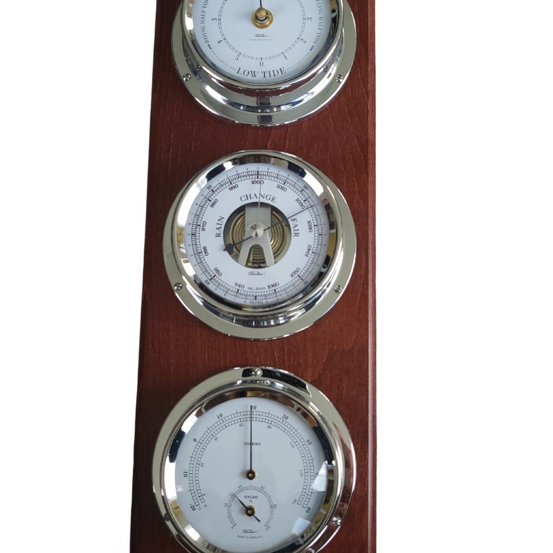 Contemporary Mahogany &amp; Chrome Weatherstation – Complete Set: Hygrometer, Barometer, Thermometer &amp; Tide Clock