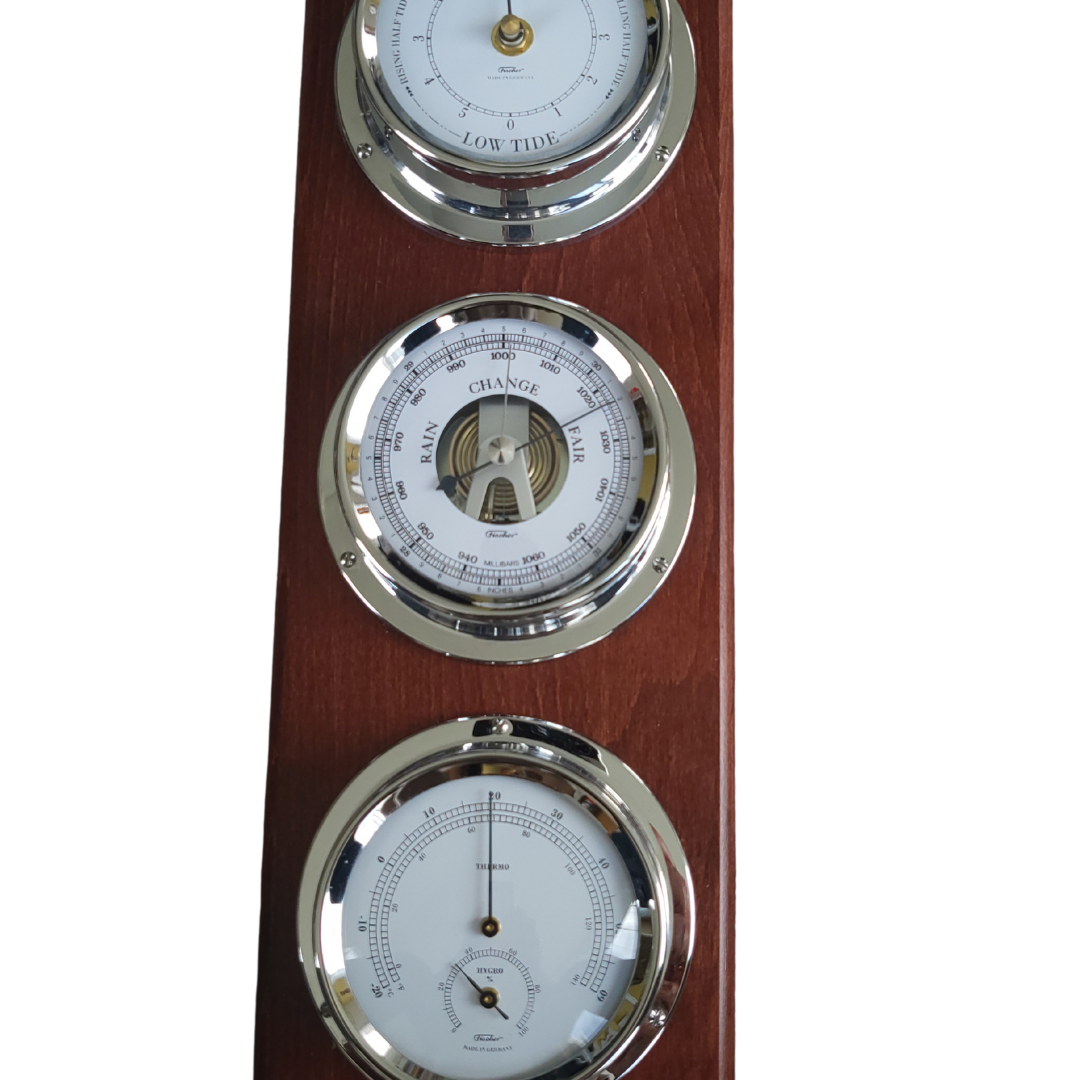 Modern  Mahogany &amp; Chrome  Weatherstation with  4 x Instruments -  Hygrometer + Barometer + Thermometer + Tide Clock