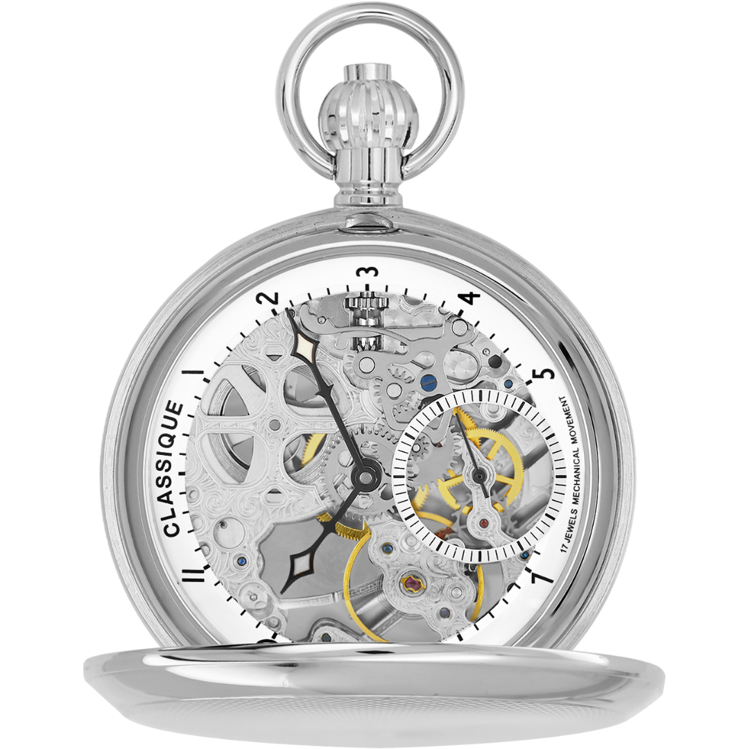 Stainless Skeleton  Mechanical Pocket Watch